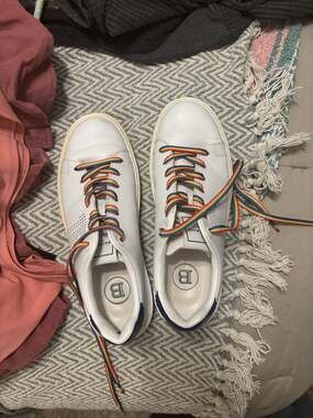 Balmain White Leather Low-Top Sneakers with Perforated B and Rainbow Laces